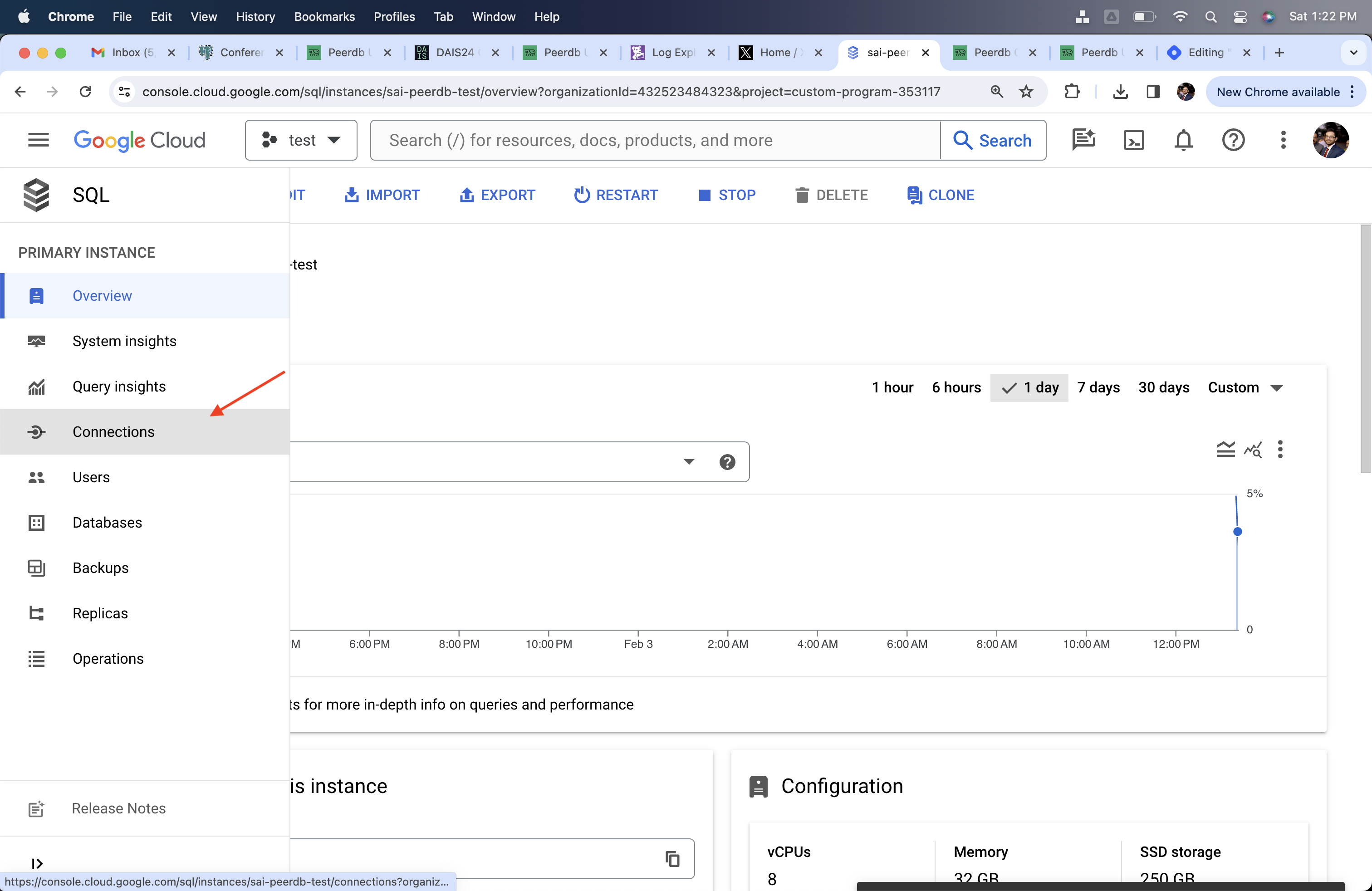Раздел Подключе�ния в Cloud SQL